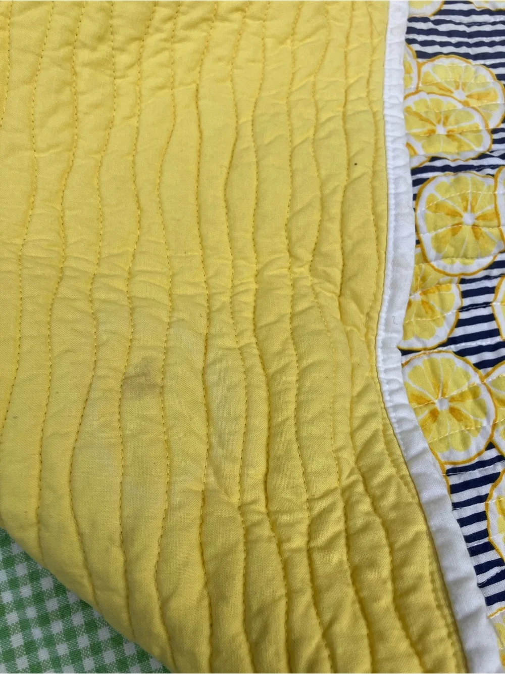 Lemon and stripes back or picnic blanket handmade quilt 38 x 30 sturdy thick